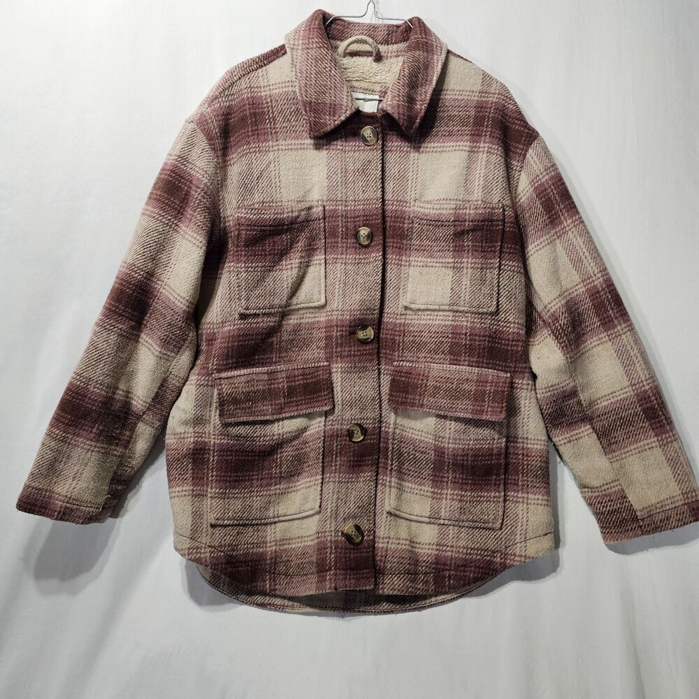 American Eagle Plaid Sherpa Lined Coat Jacket Medium Plaid Flannel